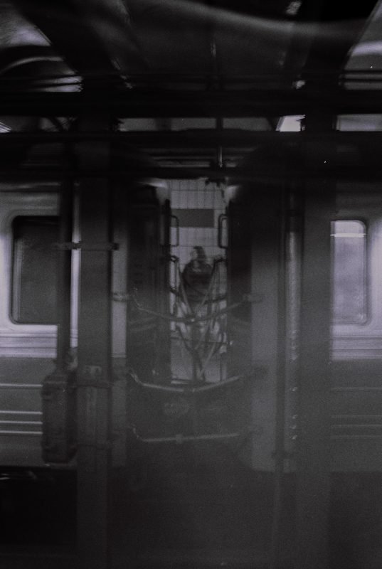 Black and white: the dark interior of a subway carriage