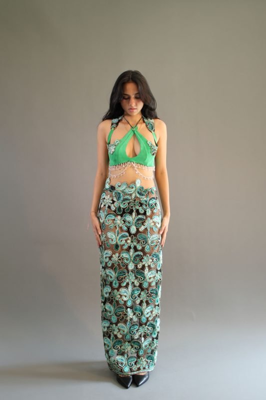 Rea by Rhea lookbook: a green halter top with a matching green floral maxi skirt