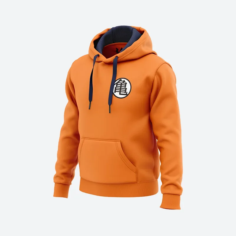 DBZ Theme Hoodie — an orange hooded sweatshirt with a Dragon Ball emblem on the chest