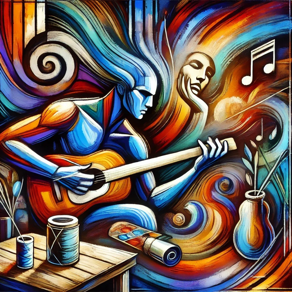 Illustration: abstract figures, musical notes and paintbrushes in swirling colour