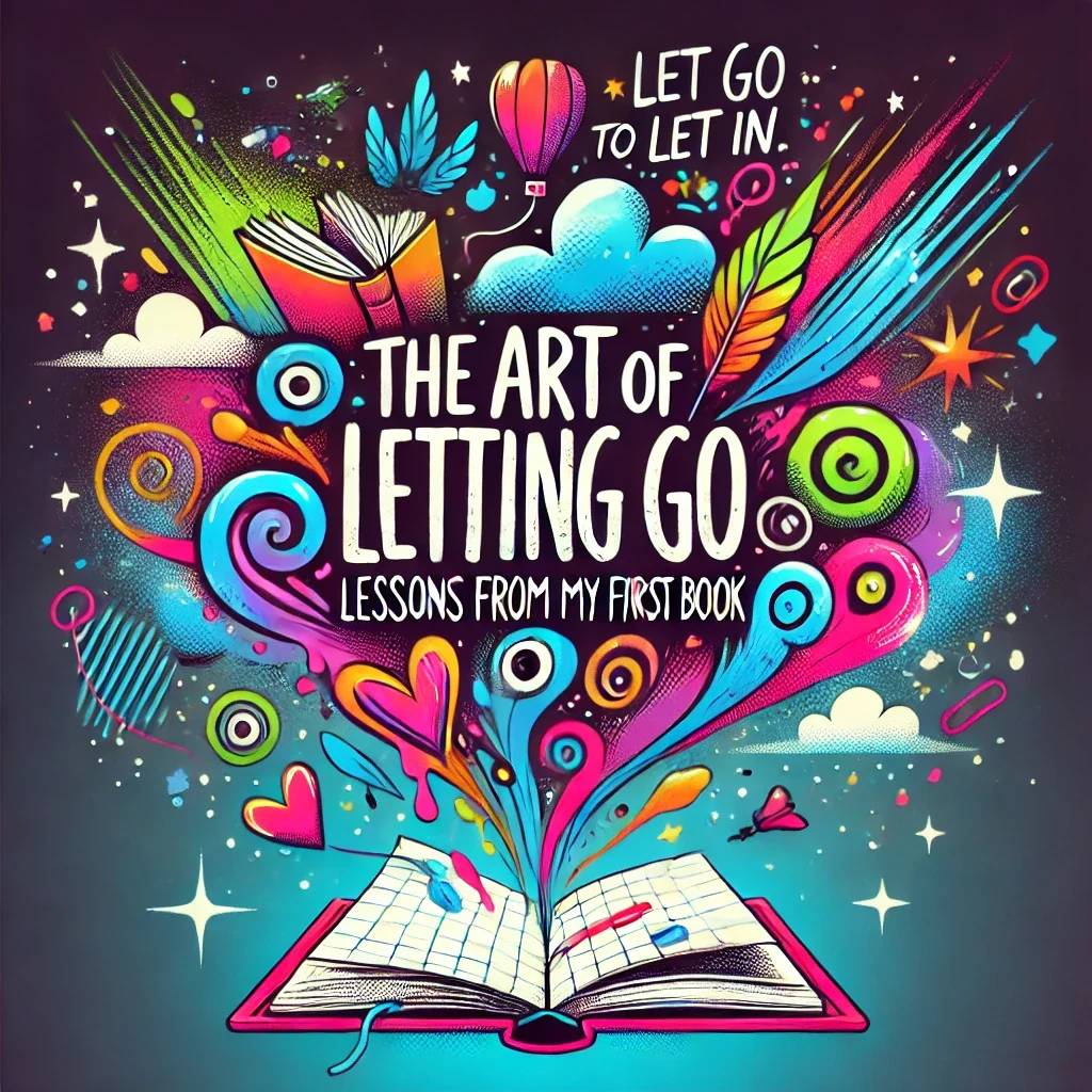Illustration: an open book with colour streaming from its pages, lettered The Art of Letting Go — Lessons from My First Book