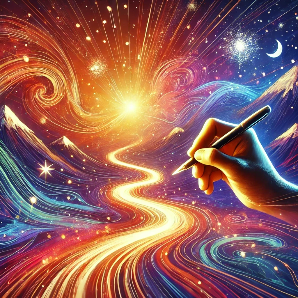 Illustration: a hand drawing a glowing winding path across a night sky of stars and colour