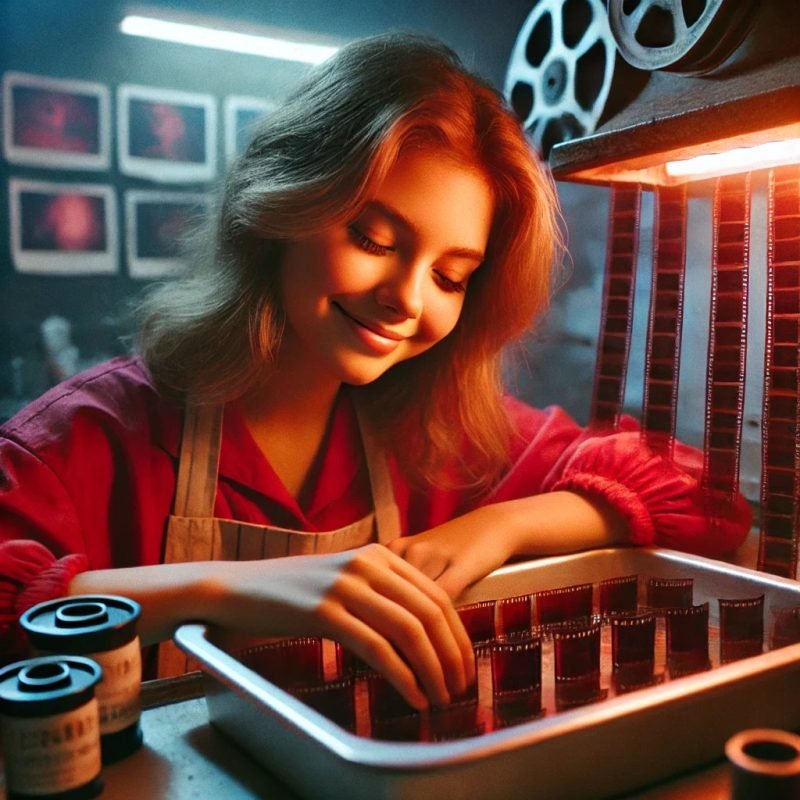 Illustration: a woman smiling as she works at a darkroom bench surrounded by film reels and hanging prints