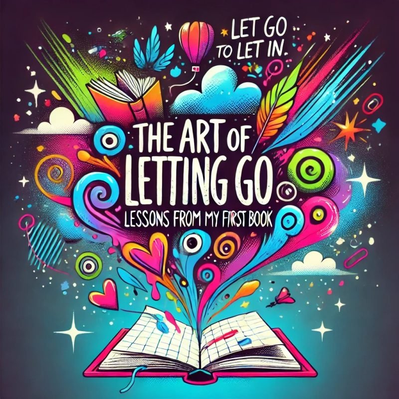 Illustration: an open book with colour streaming from its pages, lettered The Art of Letting Go — Lessons from My First Book