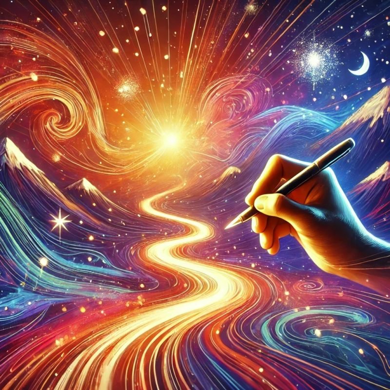 Illustration: a hand drawing a glowing winding path across a night sky of stars and colour