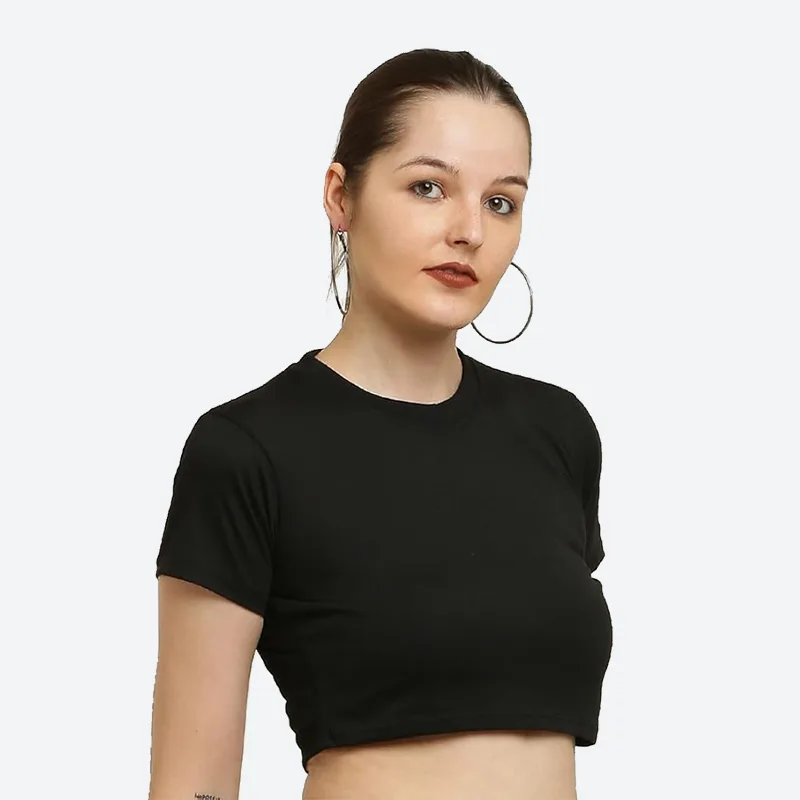 Women Short Tops — a black cropped t-shirt worn by a model
